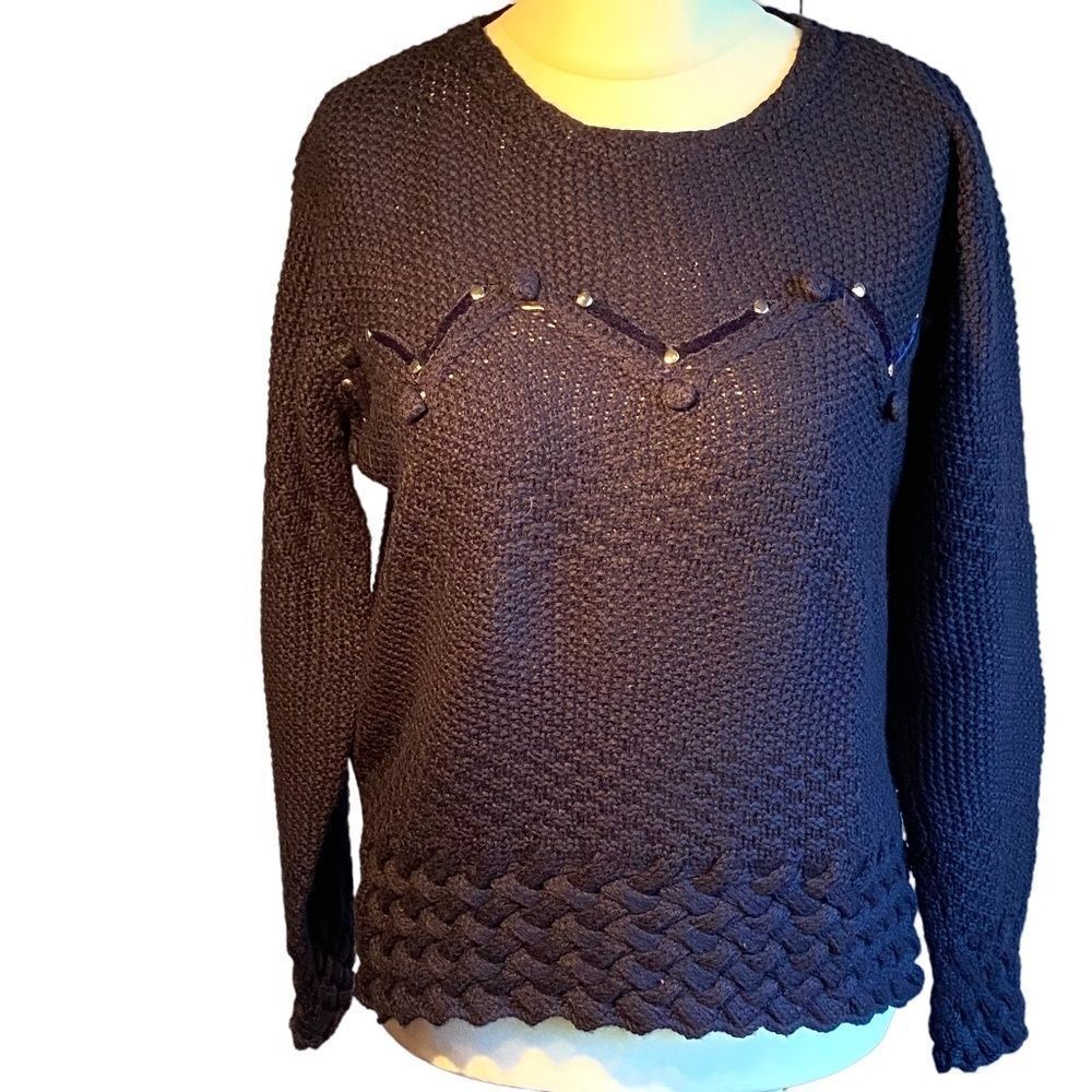 0329 Vintage Dino Valiano 80’s Navy Sweater Knit Buttons and Trim Size 14